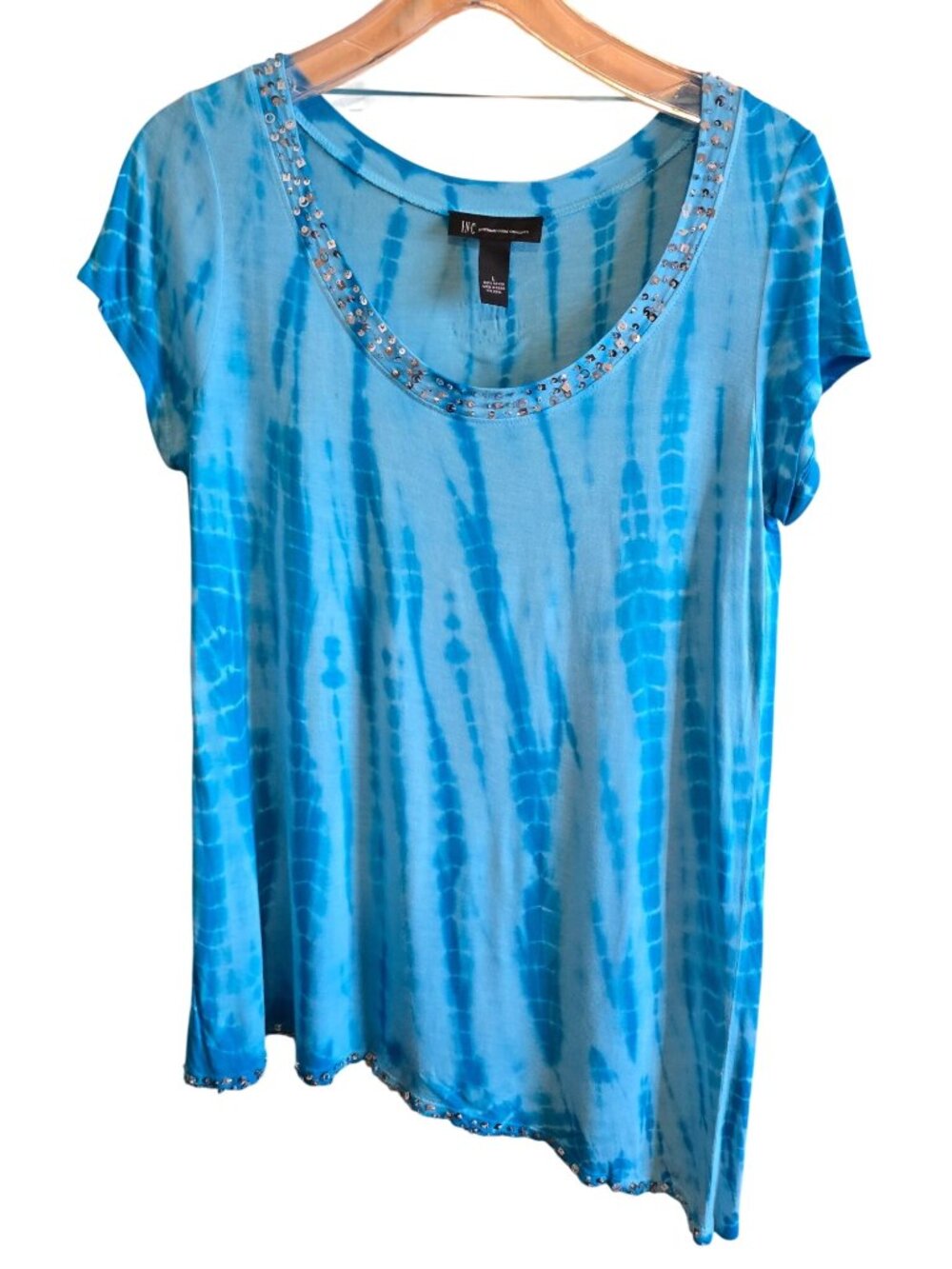 Tie-Dye Blue Top Large Glittery Scoop Neck Sparkle Party Shirt